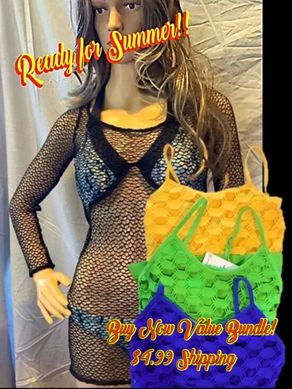 Honeycomb Sheer Dress / Bathing Suit Cover and 3 Fun Neon Camisoles by Connectio